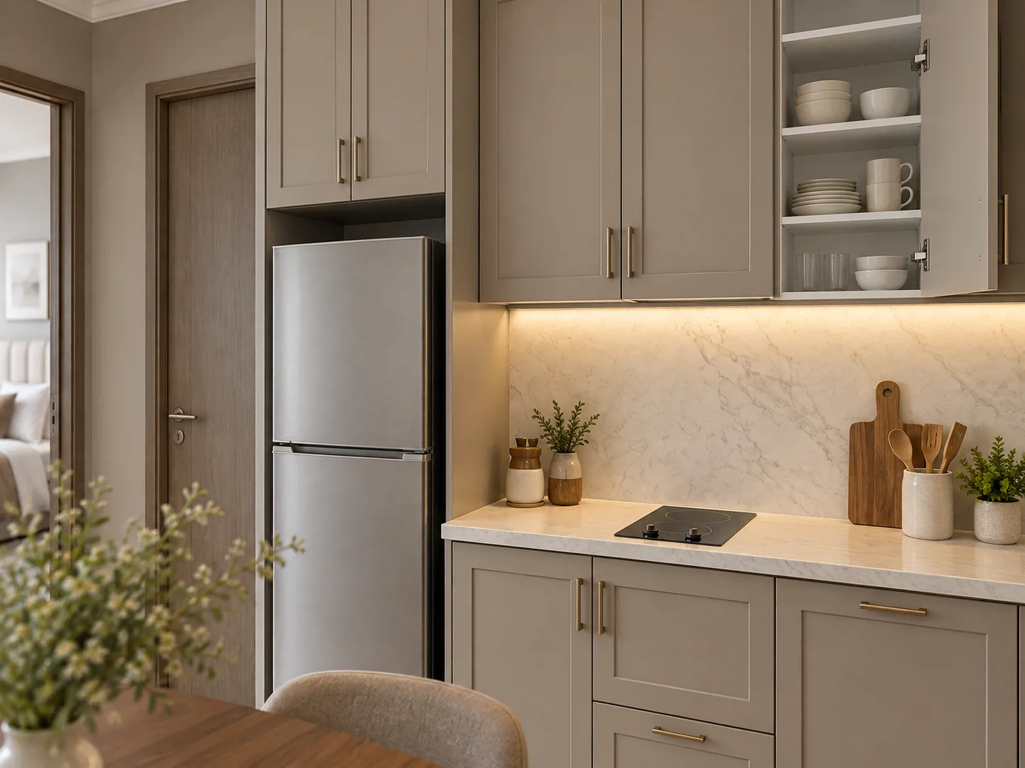 abinet shaker taupe dengan handle bronze dan bagian dalam putih memperlihatkan detail bukaan penyimpanan dapur.