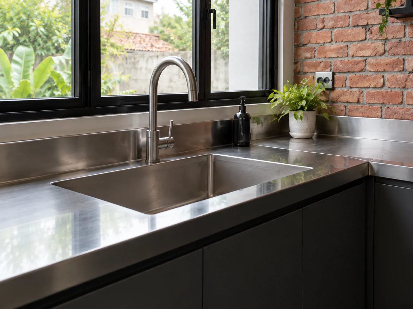 Sink dan countertop stainless di dekat jendela membentuk area cuci dengan permukaan kerja yang mudah dijangkau untuk dibersihkan.