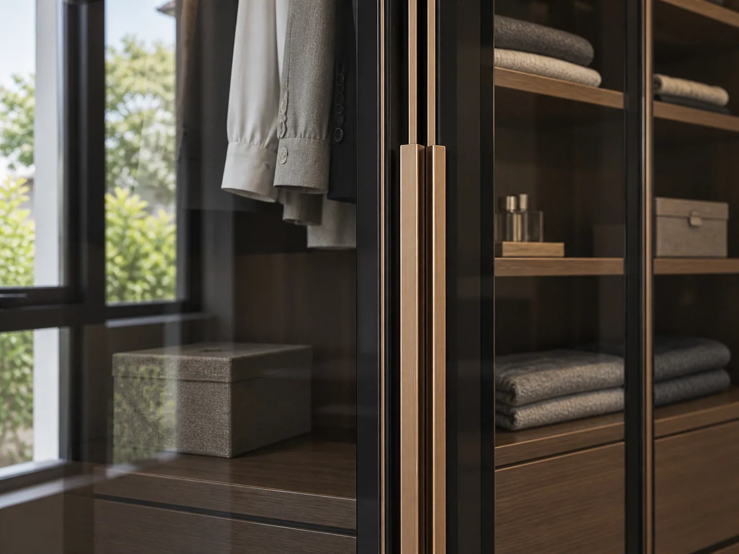 Rangka aluminium dan handle bronze menjaga tepi pintu tetap ramping, dengan isi lemari terlihat melalui kaca smoke.
