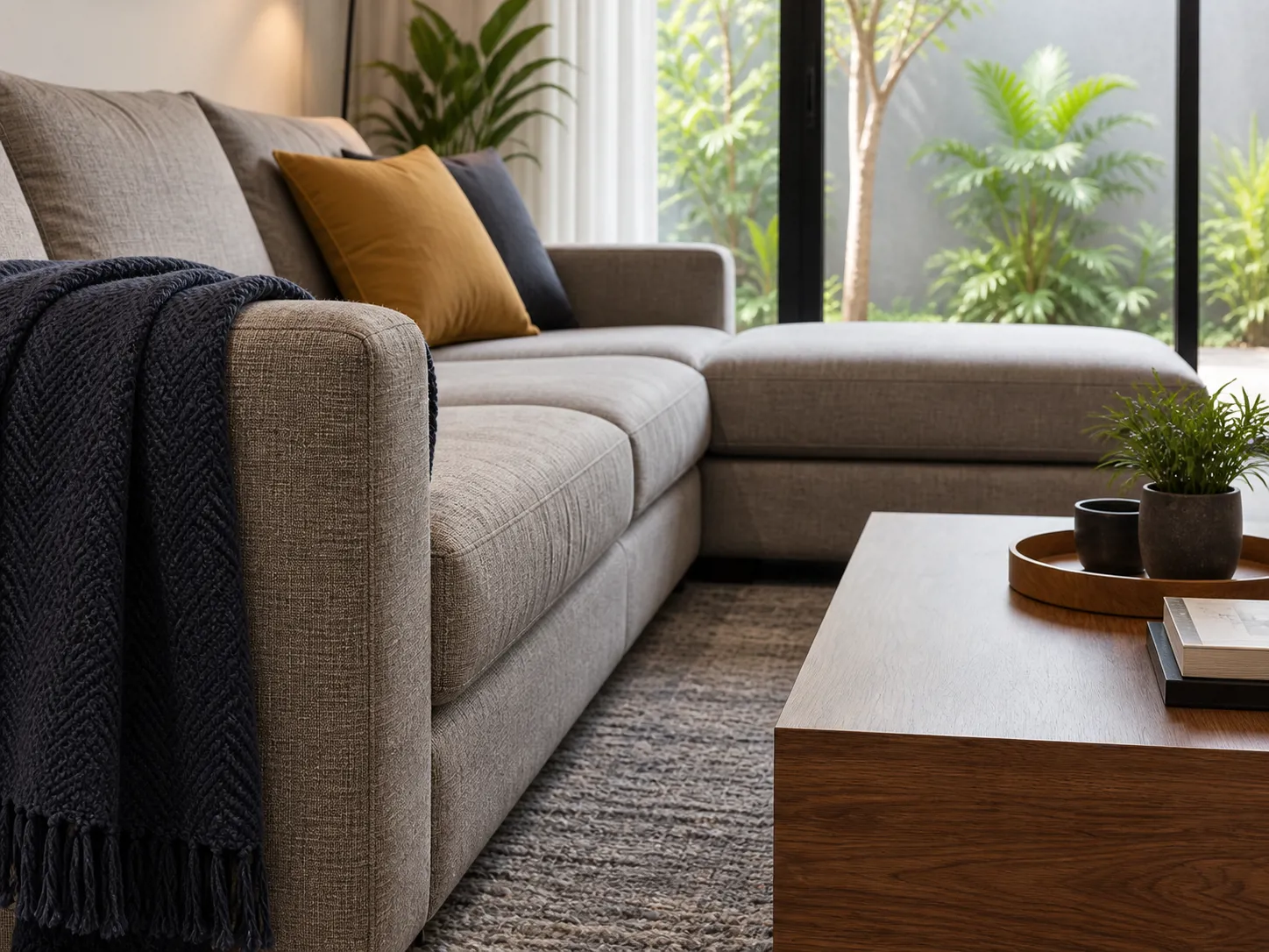 Sofa abu-abu dengan aksen mustard, kain navy, dan meja walnut memberi variasi warna pada area berkumpul keluarga.