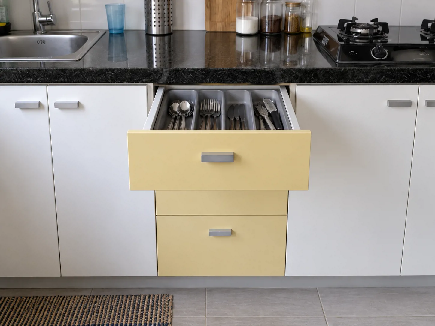 Laci kuning muda dengan tarikan aluminium dan pembagi alat makan memanfaatkan modul tengah pada kitchen set satu sisi.