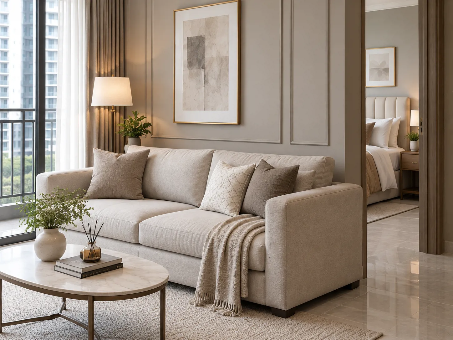 Sofa ivory, molding taupe yang tipis, dan meja kopi bertampilan batu membentuk area duduk klasik kontemporer.
