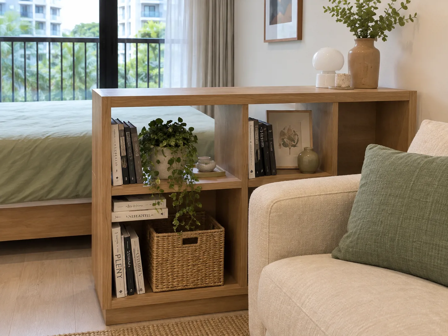 Rak rendah di kaki tempat tidur membatasi area sofa sekaligus menyediakan tempat buku dan barang harian.