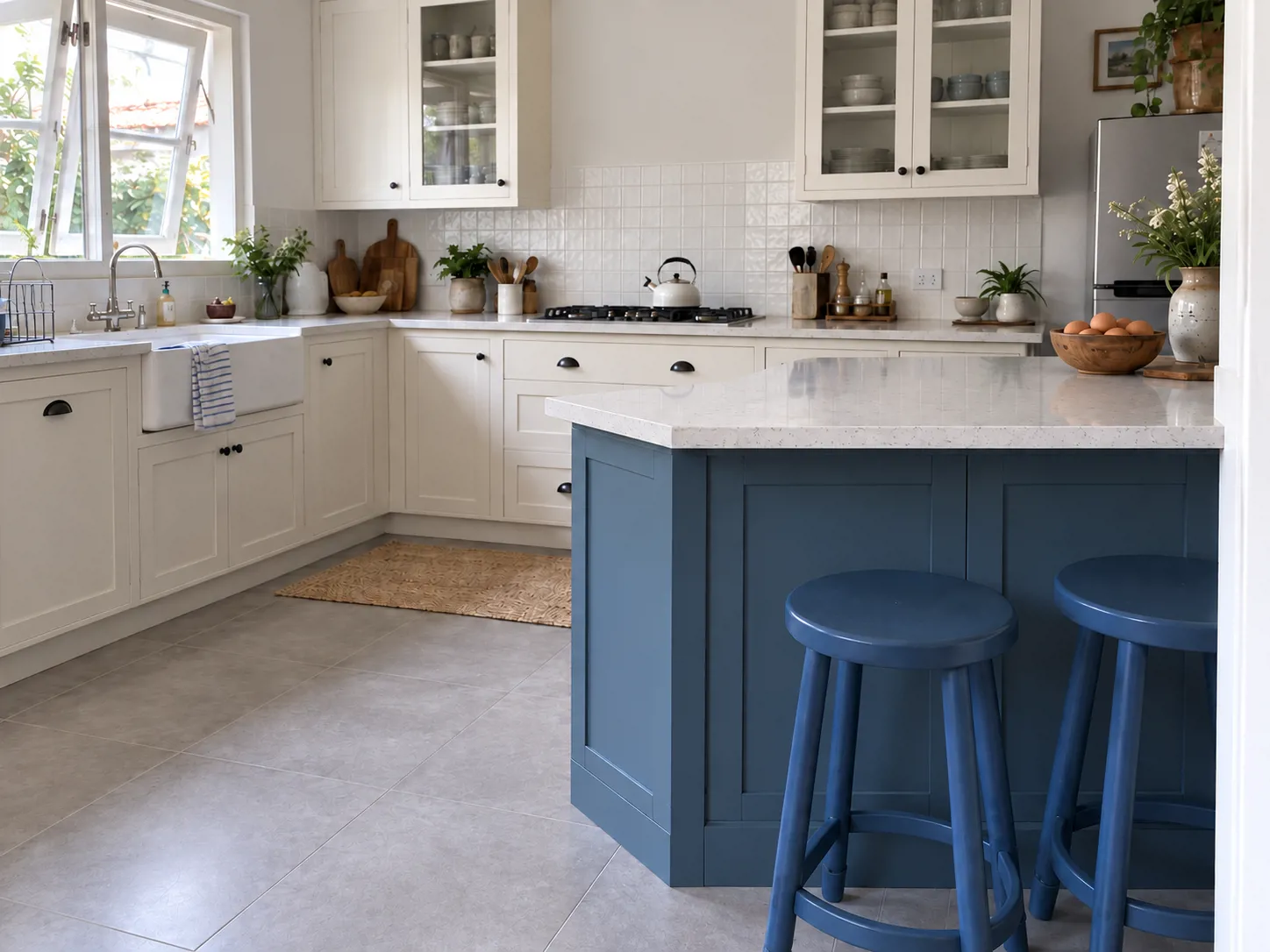 Peninsula dusty blue dengan countertop quartz memberi bidang saji tambahan dan tempat duduk di sisi luar area memasak.