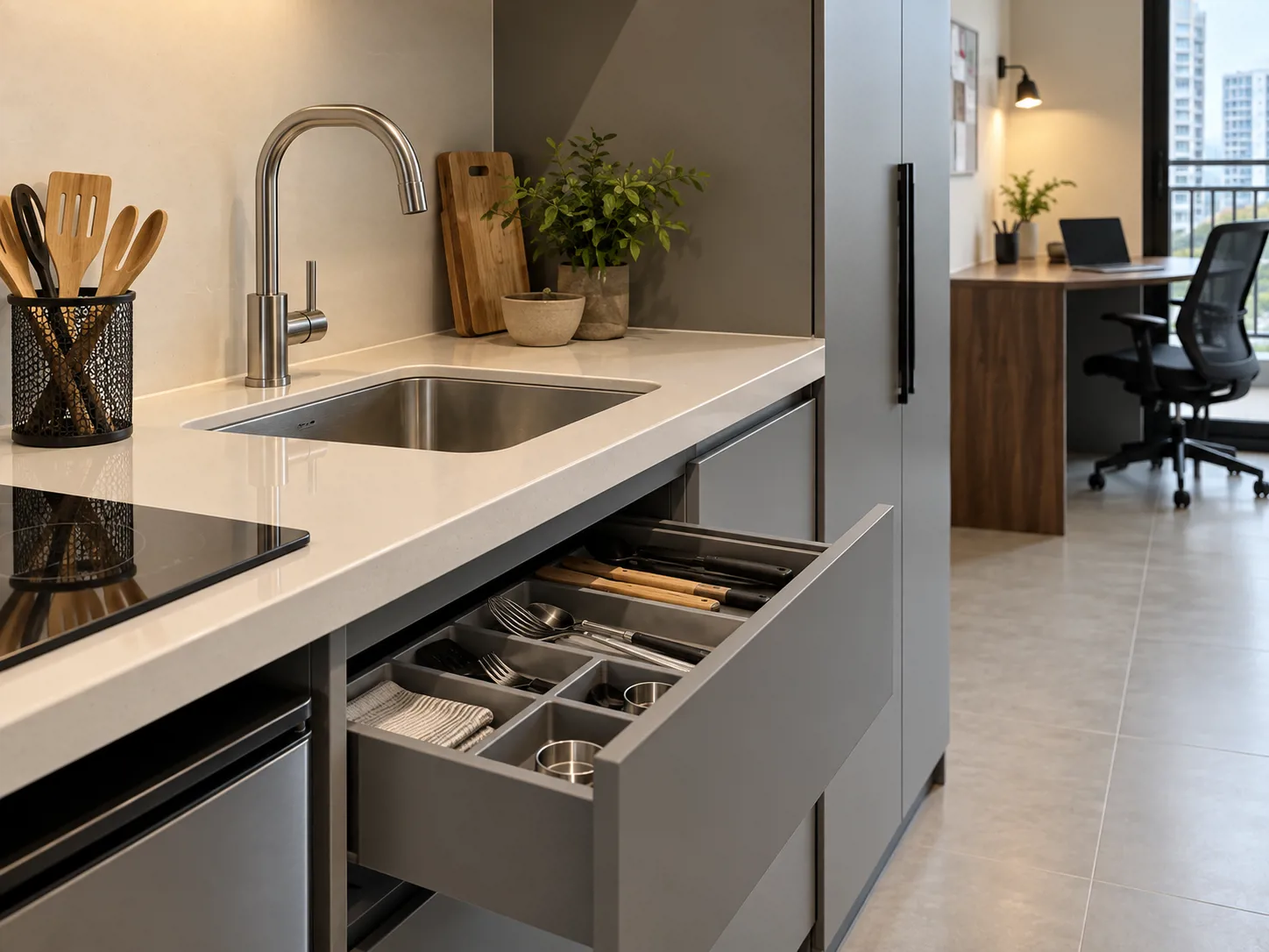 Dapur studio berwarna abu-abu dengan meja putih dan laci alat makan untuk kebutuhan harian yang ringkas.