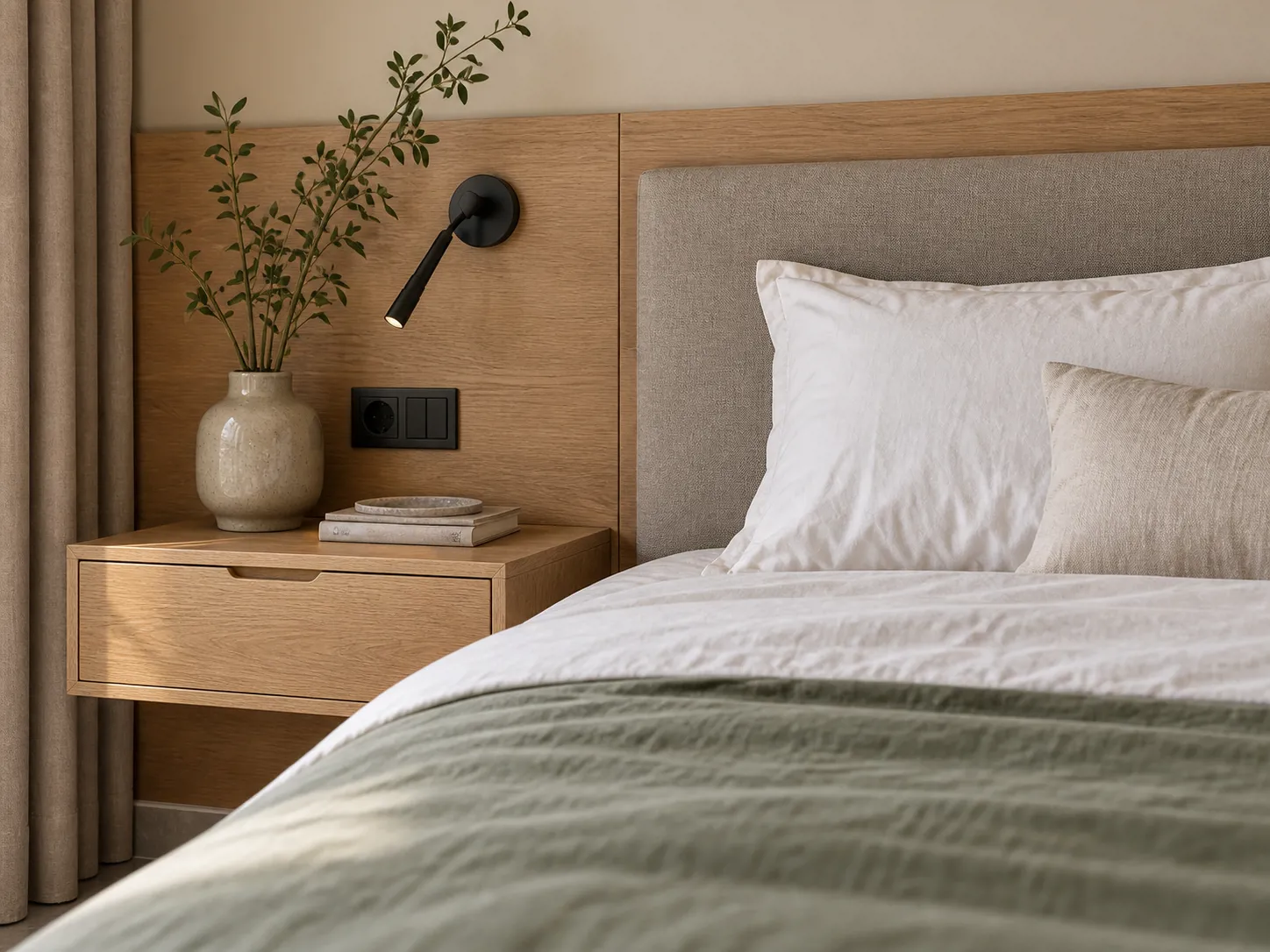 Pertemuan veneer oak dan bantalan headboard abu-abu hangat memberi sandaran lembut dengan bidang kayu yang tetap sederhana.