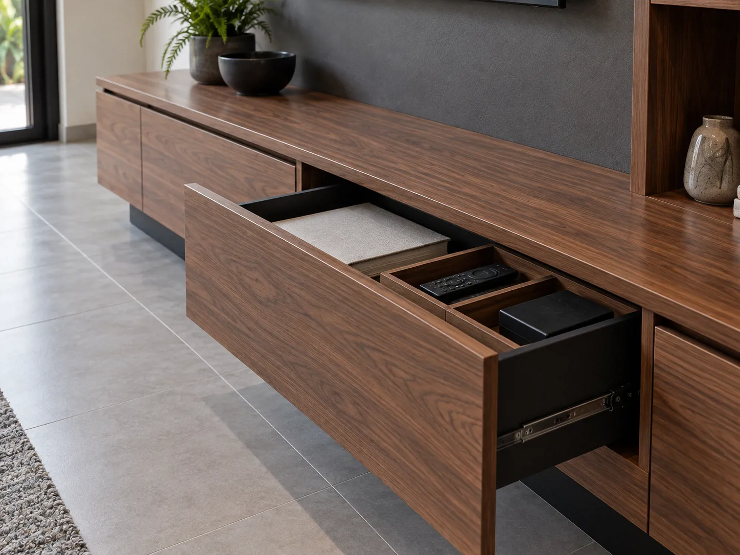 Laci kabinet TV bermotif walnut menempatkan remote dan aksesori dalam satu tempat agar permukaan kabinet tetap rapi.