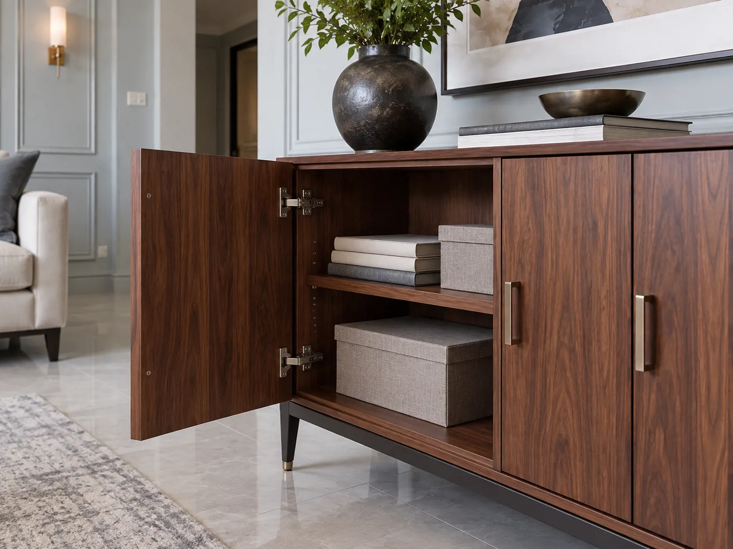 Credenza veneer walnut dengan pintu berbingkai menyediakan ruang tertutup untuk buku dan perlengkapan menerima tamu.