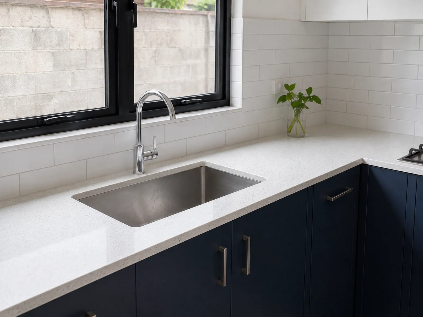 Sink undermount menyatu dengan countertop quartz — tidak ada bibir sambungan tempat kotoran menyangkut