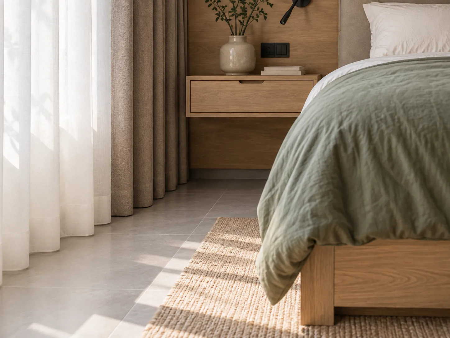 Sheer putih dan tirai taupe di samping tempat tidur membantu mengatur cahaya serta privasi sesuai waktu pemakaian kamar.