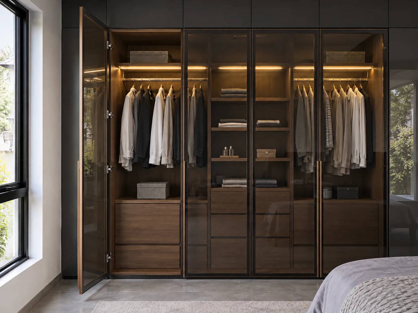 Pintu kaca smoke berbingkai aluminium membuka akses ke interior walnut, area gantung, dan rak penyimpanan.