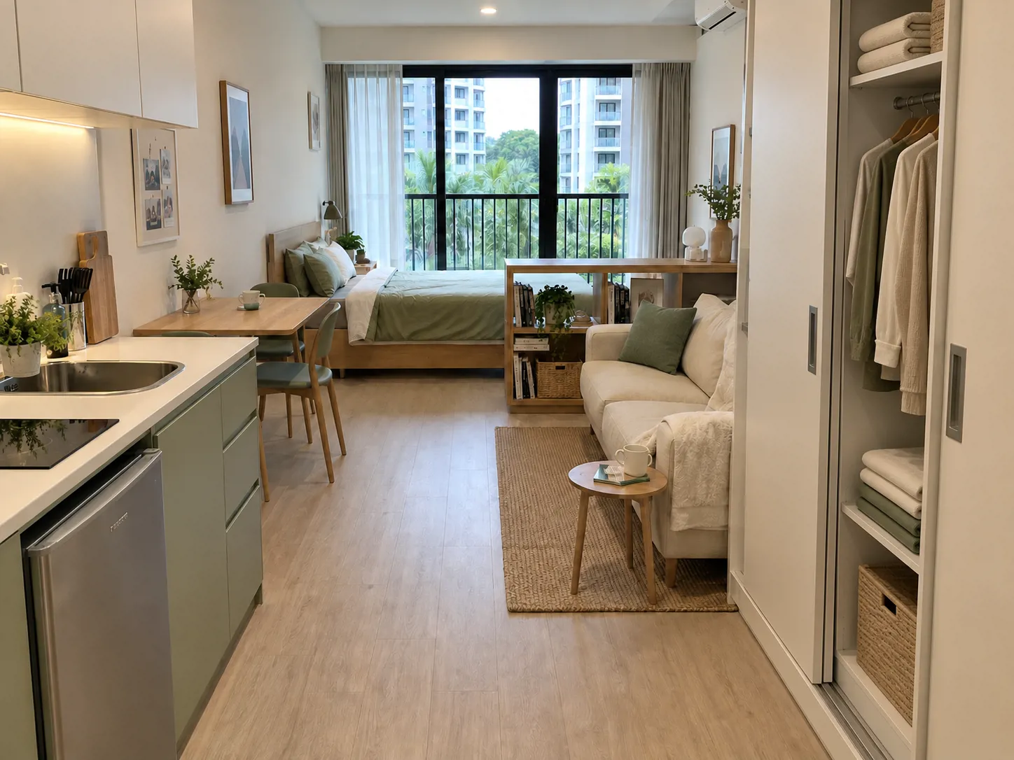 Lemari geser putih dengan ruang gantung serta rak linen untuk kebutuhan penyimpanan apartemen studio.