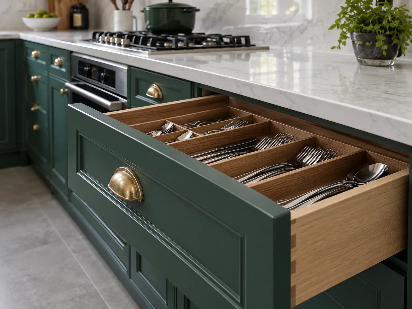 Laci panel hijau tua dengan cup pull aged brass dan sekat alat makan membantu isi tersusun tanpa menghilangkan karakter klasik.