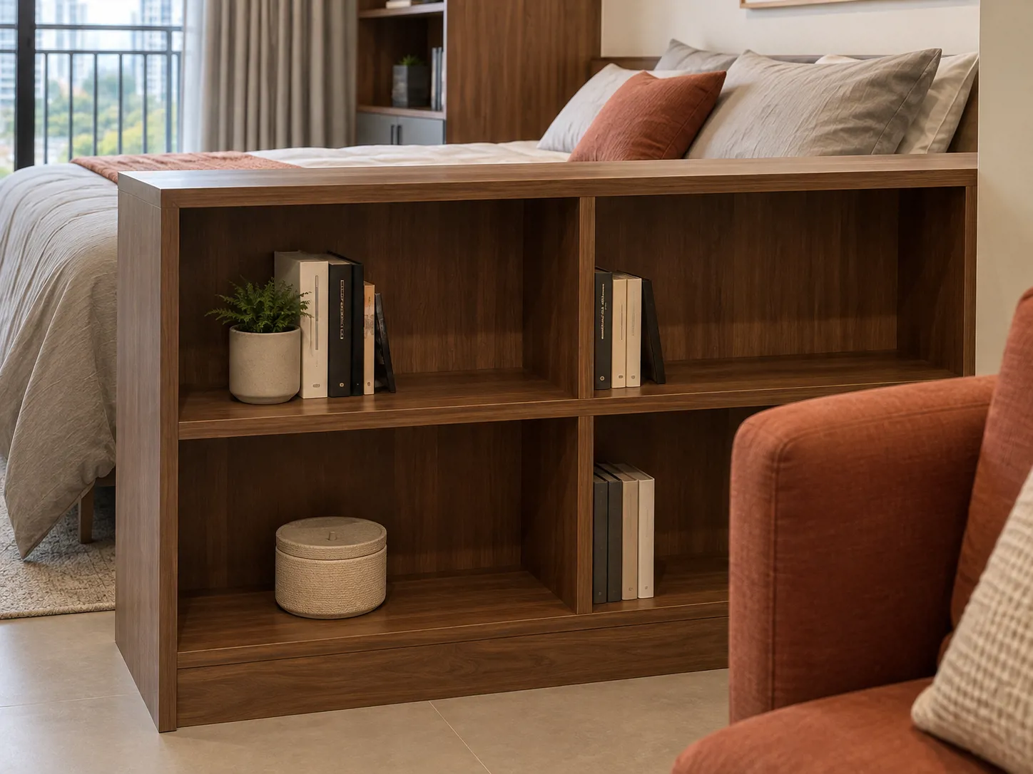 Rak walnut di kaki tempat tidur memisahkan area istirahat dari sofa terracotta tanpa menutup cahaya.