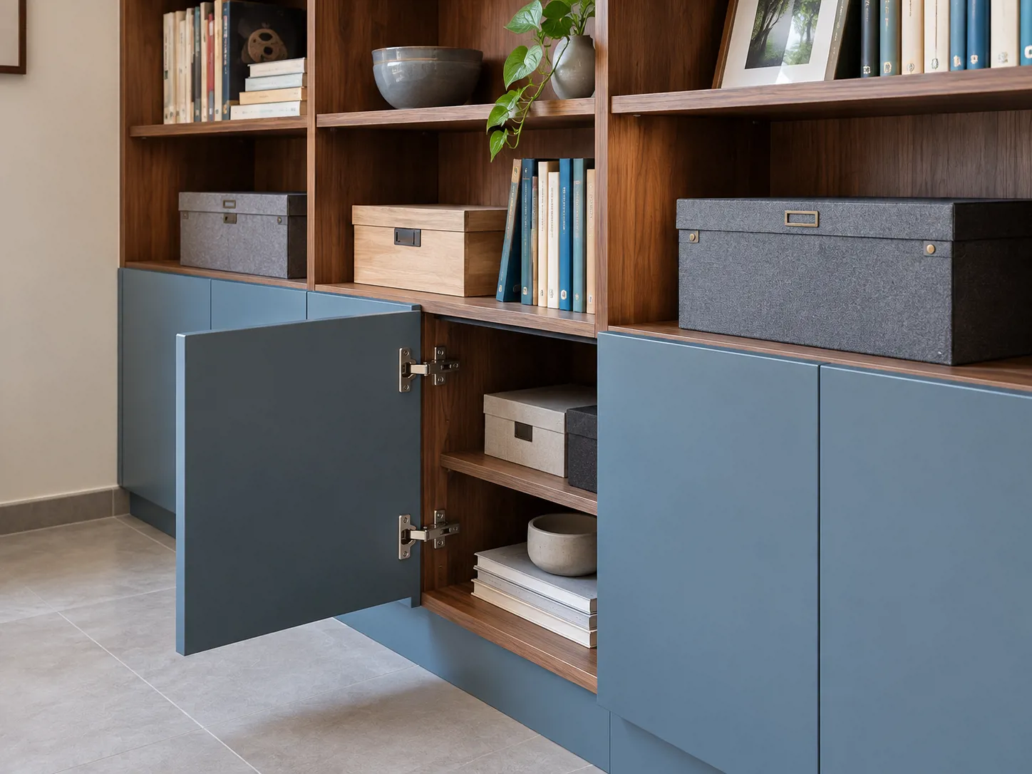 Kabinet dusty blue dan rak walnut membagi penyimpanan tertutup dengan buku yang perlu dijangkau setiap hari.