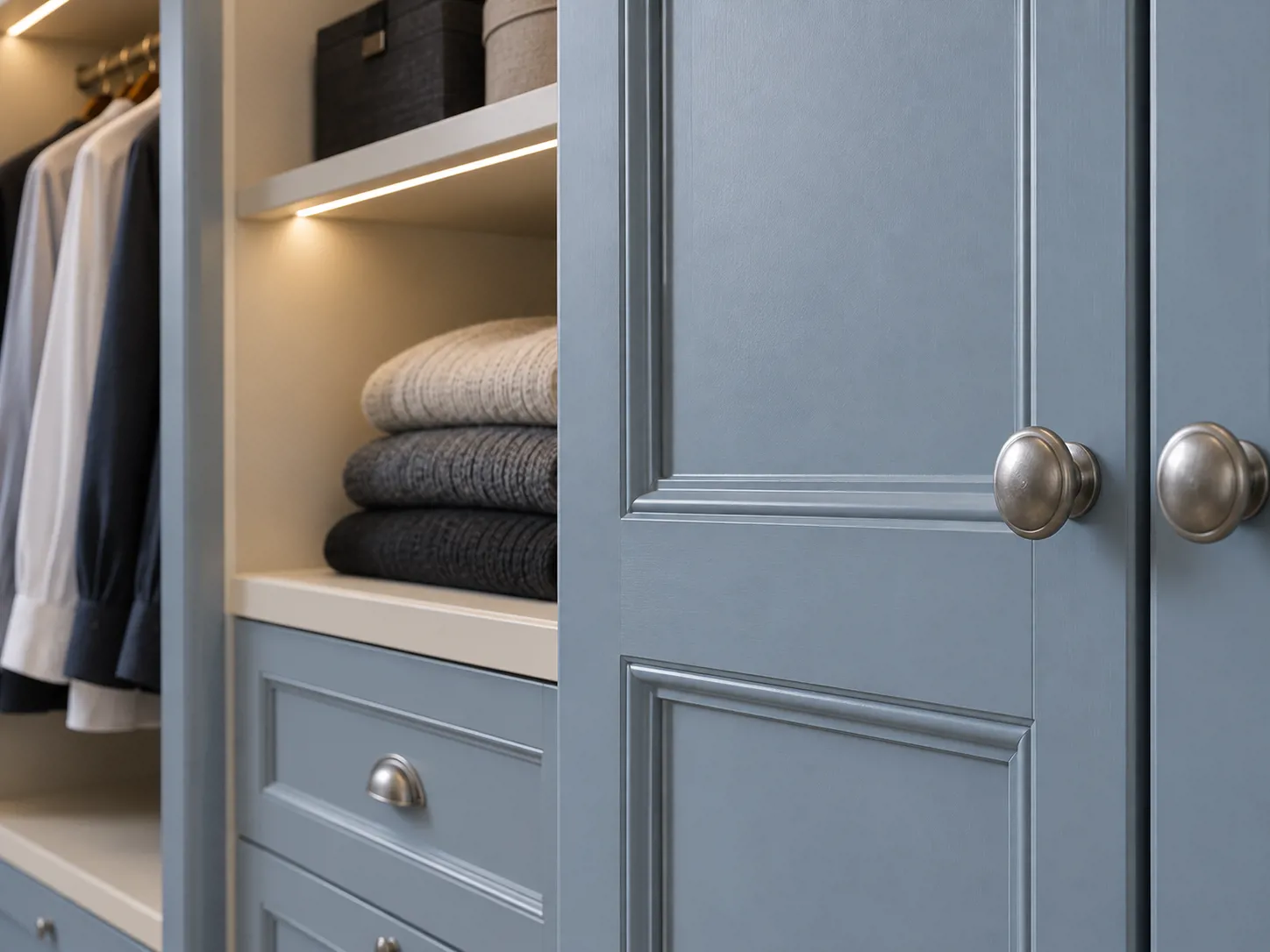 Pintu profil dusty blue dengan knob brushed nickel memberi pegangan jelas dan detail klasik yang tetap sederhana.