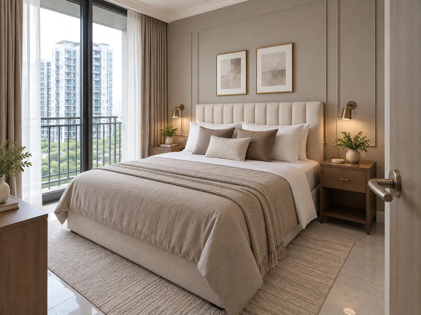 Kamar utama dengan headboard ivory, nakas walnut, serta aksen bronze yang menghubungkan gaya antarruang.