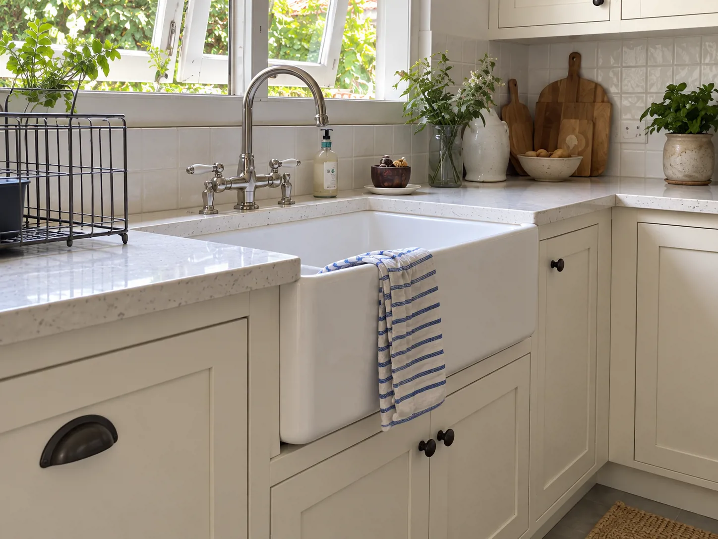 Sink keramik apron-front di bawah jendela, dengan tepi quartz putih dan penopang kabinet untuk menata area cuci.