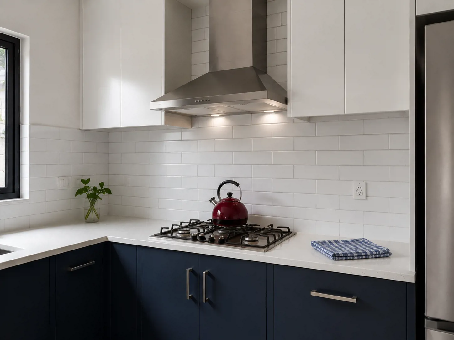 Area masak dengan hood tepat di atas kompor dan backsplash keramik subway