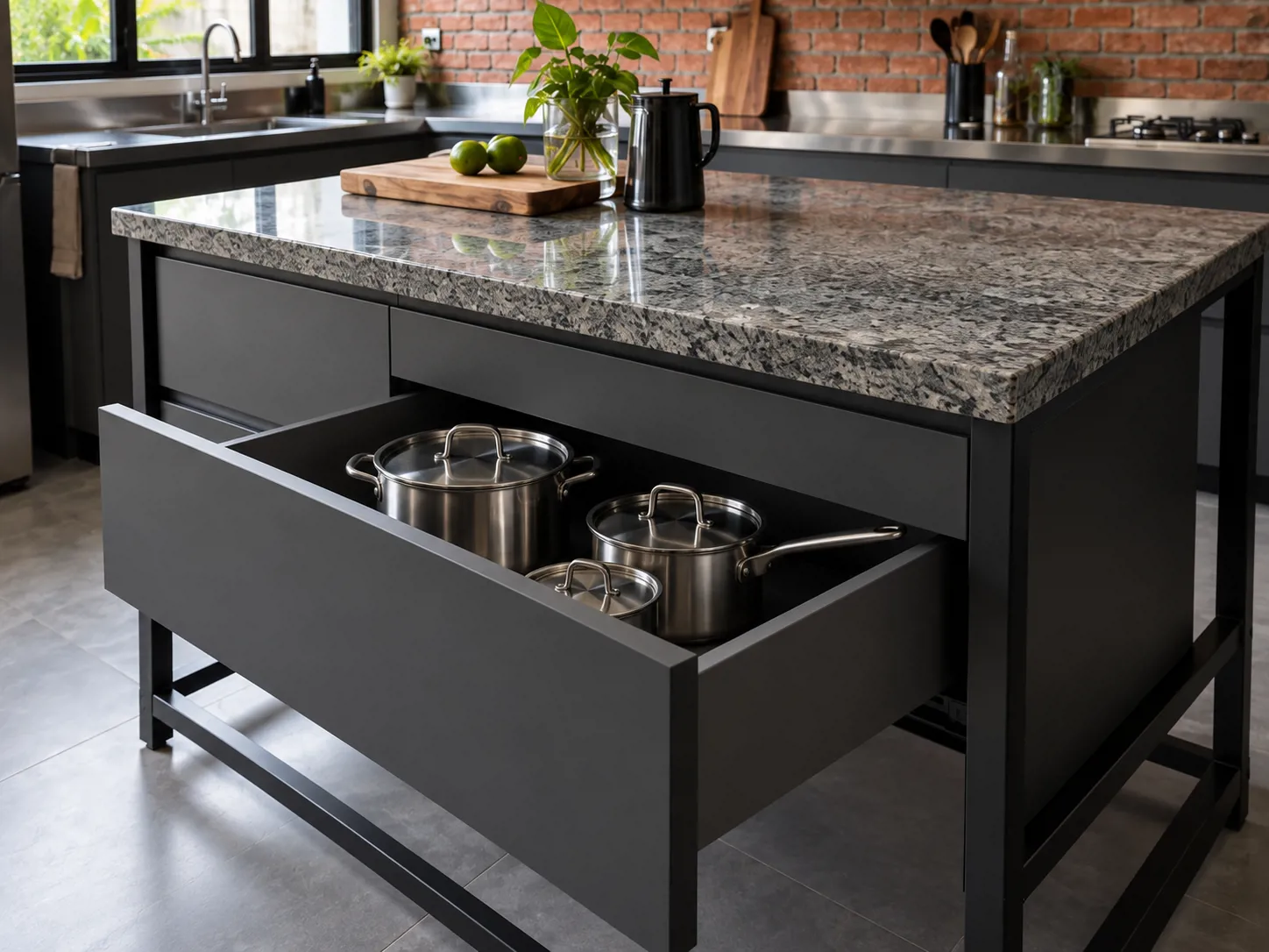 Island bertop granit dan rangka besi hitam menyediakan laci panci serta bidang persiapan yang terpisah dari kompor.